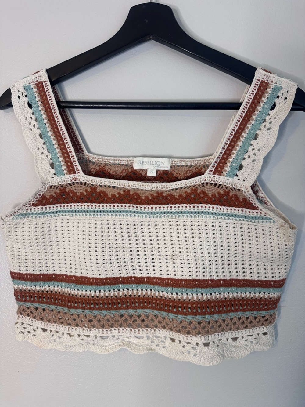 Rebellion Again Boho Festival Cream, Teal, and Brown Striped Crochet Crop Top, S